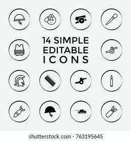 Set of 14 army filled and outline icons such as cannon, war helmet, ammo, tank, nail sawing, soldier emot, rocket bomb, knight, bulletproof vest