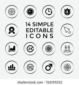 Set of 14 arrow filled and outline icons such as male, graph, clock, 24 hours, medal, stopwatch, pointer, dart, target, cargo arrow up