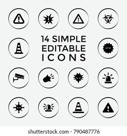 Set of 14 attention filled icons such as cone barrier, siren, cone, bacteria, exclamation, warning, security camera