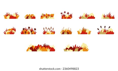 Set of 14 autumn grass and bushes icons, elements of urban park infrastructure, flat-style illustrations.