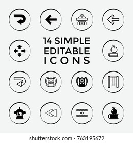 Set of 14 back filled and outline icons such as backpack, back arrow, move, apple on book, luggage compartment in airplane, swing
