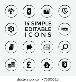 Set of 14 banking filled icons such as dollar down, money, money sack, dollar search, check, pound, coin, bank, dollar gear, credit card