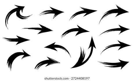 A set of 14 black brush stroke arrows pointing in different directions on a white background