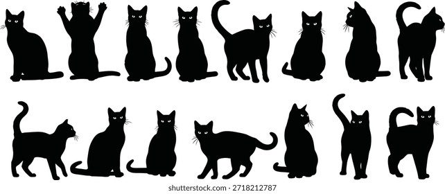Um conjunto de 14 silhuetas de gato preto em diferentes posições sentadas e de pé, mostrando flexibilidade felina e curiosidade.