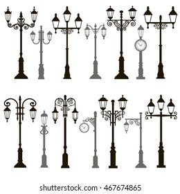 Set of 14 black and gray vector icons vintage streetlights