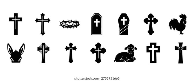A set of 14 black silhouettes of crosses and tombstones on a white background, featuring different shapes and designs.