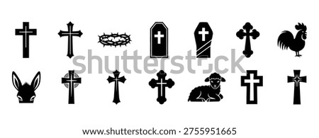 A set of 14 black silhouettes of crosses and tombstones on a white background, featuring different shapes and designs.