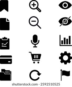 Set of 14 black vector icons: refresh, folder, flag, eye, eye off, zoom in, zoom out, cart, credit card, clipboard, graph, settings, microphone, document, bookmark, UI UX symbols, EPS file