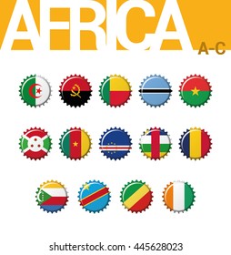 Set of 14 bottle cap flags of Africa (A-C). Set 1/4. Algeria, Angola, Benin, Botswana, Burkina Faso, Burundi, Cameroon, Cape Verde, Central African, Chad, Comoros, Congo (Dem Rep), Congo, Ivory Coast