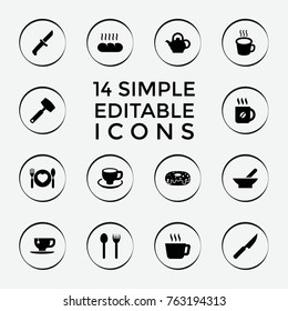 Set of 14 breakfast filled icons such as bowl, coffee, fork and spoon, tea, donut, tea cup, coffee cup, plate with spoon and fork, cup, teapot, bread