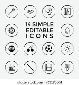 Set of 14 bright filled and outline icons such as cherry, sparklers, nerd emoji, movie tape, musical pipe, disco ball, hippopotamus, fireplace, bulb, eye, camera, drop
