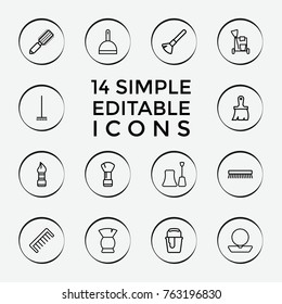 Set of 14 brush outline icons such as hair brush, powder, comb, nail polish, cleaning tools, dustpan, broom