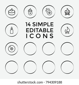 Set of 14 burn outline icons such as disc, bonfire, candle, heart in fire, disc flame, cd fire