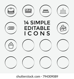 Set of 14 cake outline icons such as cake, donut, muffin, heart lock