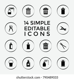 Set of 14 can filled icons such as milk can, canister, trash bin, spray paint, garden tools, delete trash bin