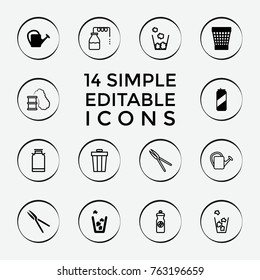 Set of 14 can filled and outline icons such as trash bin, garden tools, watering can, beer can