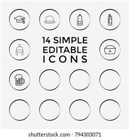 Set of 14 cap outline icons such as cream tube, cleanser, baseball cap, nurse hat, beer mug, helmet