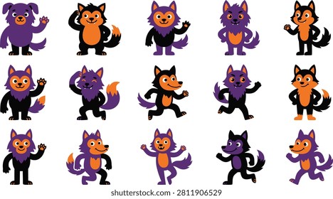 A set of 14 cartoon-style illustrations featuring wolf and dog characters in different poses and color schemes, primarily in purple, orange, and black.