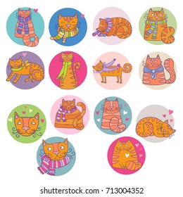 Set of 14 cat icons. Cute and lovely vector illustrations.