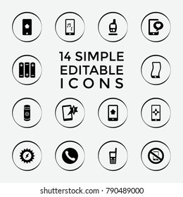 Set of 14 cell filled icons such as important message, solar energy, phone with heart, call, old phone, battery