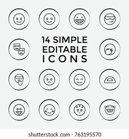 Set of 14 cheerful outline icons such as protractor, smiling emot, laughing emot, blush