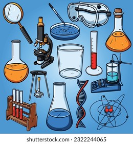 Set of 14 chemistry elements hand drawn illustration. Science and other related items.