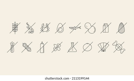 Set Of 14 Circled Food Allergen Menu Icons. Gluten, Eggs, Milk, Nuts, Fish, Sesame, Shrimp, Allergy Vector Icons.