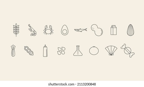 Set of 14 circled food allergen menu icons. Gluten, eggs, milk, nuts, fish, sesame, shrimp, allergy vector icons.
