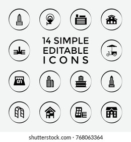 Set of 14 city filled icons such as modern curved building, business center, building, house, fast food cart, playground ladder, shop