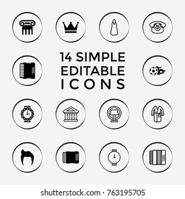 Set of 14 classic filled and outline icons such as greek column, man hairstyle, harmonic, football ball, crown, wrist watch for woman, dress, desk phone, bank, table lamp