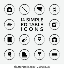 Set of 14 classical filled icons such as court, piano, heart baloons, harmonica, musical pipe, harmonic, violin, musical sharp, trumpet, disc and music note