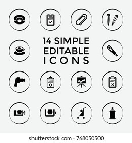 Set of 14 clip filled icons such as hair barrette, vice clamp, spray paint, cup with heart, clipboard, medical clipboard, clip, camera zoom, desk phone, baby stroller, board