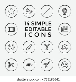 Set of 14 clipart outline icons such as barber scissors, star, saw, scissors, sweating emot, sleeping emot, fried egg and bacon, calendar, cup with heart, microphone, tent