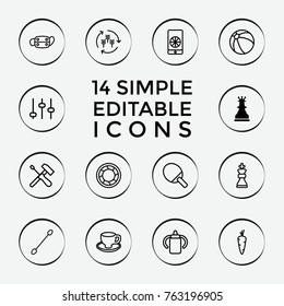 Set Of 14 Closeup Outline Icons Such As Chess King, Harvest, Carrot, Baby Bottle, Beach Ball, Cotton Buds, Adjust, Coffee Cup, Ping Pong Racket, Medical Mask, Screwdriver