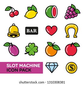 Set of 14 colored slot machine icons including fruit, heart, four-leaf clover and more