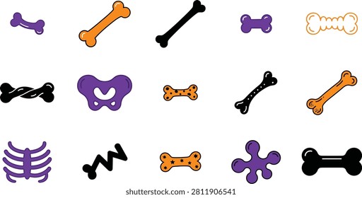 A set of 14 colorful illustrations featuring dog bones and a ribcage in purple, orange, and black on a white background