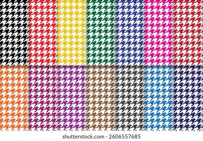 Set of 14 colors Houndstooth seamless pattern for fabrics, print, textile, wallpaper, wrapping paper, clothing, garments and background. Multicolor dog's tooth or hounds tooth texture illustration.