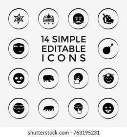 Set of 14 comic filled icons such as hippopotamus, explosion, jackpot, crazy emot, cool emot in sunglasses