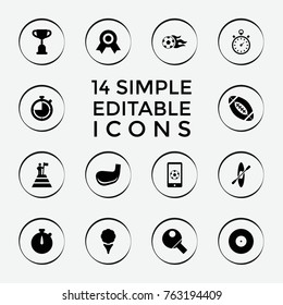 Set of 14 competition filled icons such as trophy, golf, stopwatch, target, medal, football ball, football on phone, rowing, golf stick, american football, table tennis