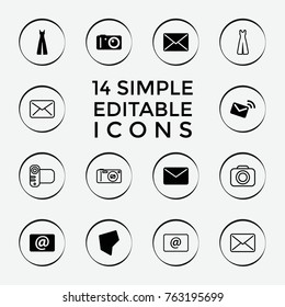 Set of 14 contour filled and outline icons such as jumpsuit, mail, email, camera