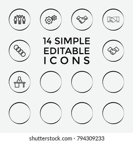 Set of 14 cooperation outline icons such as gear, chain, man working at the table, clock in gear, handshake
