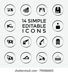 Set of 14 crane filled icons such as truck with hook, hook with cargo, cargo container