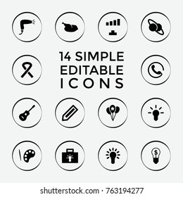Set of 14 creative filled icons such as call, pencil, hair dryer, signal, palette, planet and satellite, bulb, guitar, balloon, ribbon, chicken, light bulb