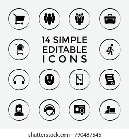 Set of 14 customer filled icons such as toolbox, group, shopping cart, headset, operator, bill of house sell, man with laptop, man with case, angry emot, phone call