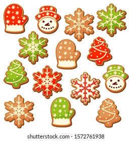 Set of 14 cute gingerbread cookies for christmas. Isolated on white background. Vector illustration.