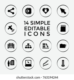 Set of 14 data filled icons such as business center building, pointer, graph, test tube, cpu in heart, cpu planet, structure, man and document, laptop, binder, share, folder