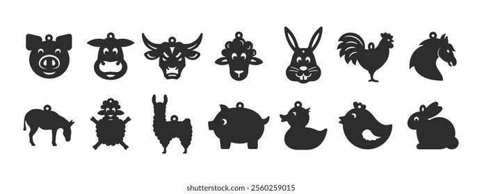 Set of 14 designs with farm animals shape for earrings, pendant or keychain. Funny jewelry silhouette cut template. Laser cutting with leather, wood or metal. Vector stencils