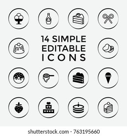 Set of 14 dessert filled and outline icons such as honey, cake, ice cream, donut, strawberry, piece of cake, maple syrup, pie, sweet box