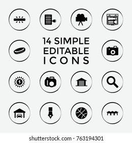 Set of 14 detail filled icons such as camera, hockey puck, ink pen, basketball, search, garage, solar panel