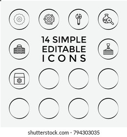 Set of 14 development outline icons such as building   isolated  sign symbol, gear, wrench, gear rotate, cargo on hook, test tube search, caveman, building, child building kit